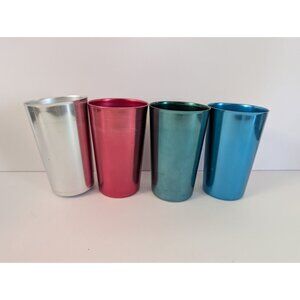 Set Of 4 Bascal Vintage Aluminum Tumblers 5.25" Tall Silver Pink Turquoise Blue